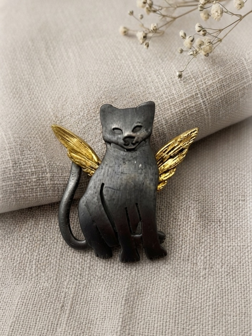 Vintage Ultra Craft Angel Cat Brooch - Matte Pewter & Gold Tone